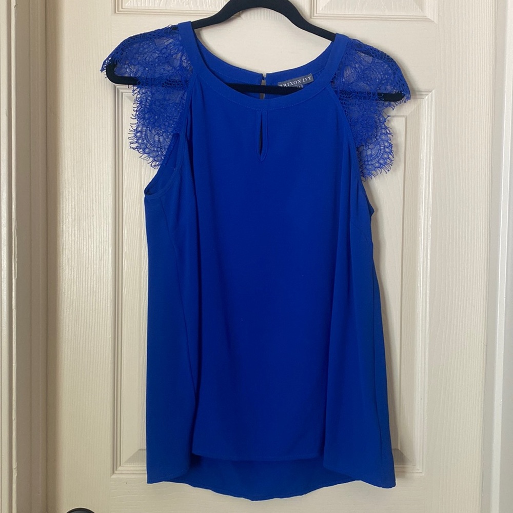 Cute blue blouse with lace cap sleeves